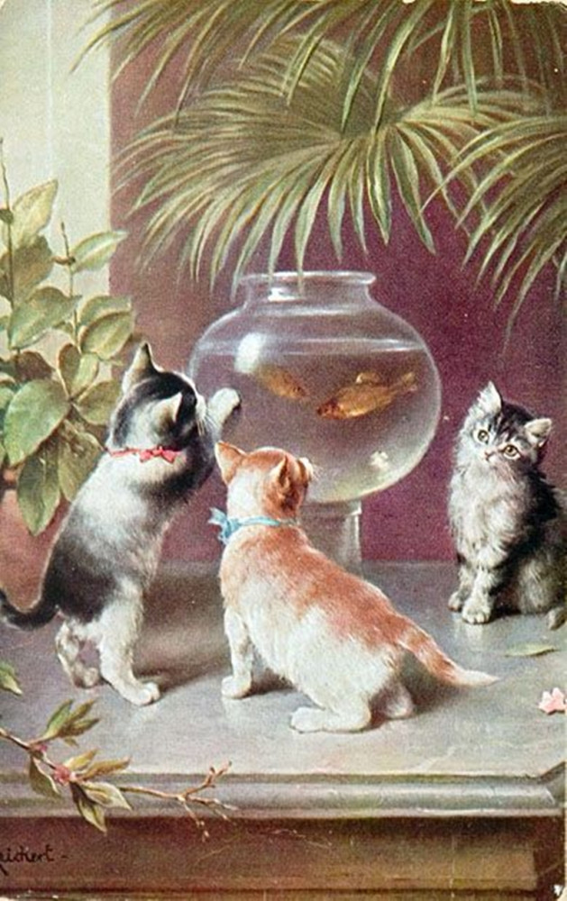 Reichert festmény, három cica akváriumi hallal játszana